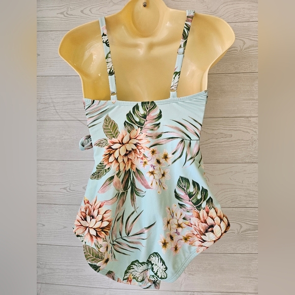 Kona Sol- Women's Blue Tropical Wrap-Front Full Coverage One Piece  Sz S - Picture 4 of 12